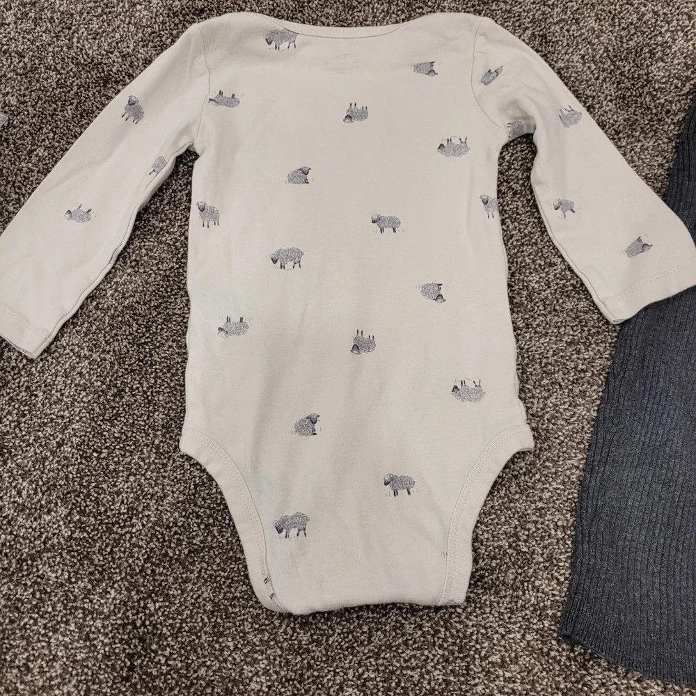 Carters 18M Sheep Print Bodysuit and Gray Ribbed Suspender Pants Set 2pc